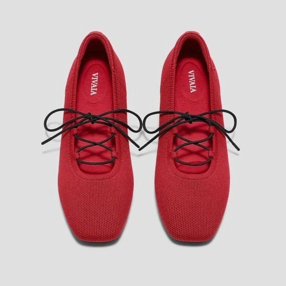 NEW Vivaia Ruby Red Square-Toe Lace Up Mary Janes Miley Flats Knit Size 39